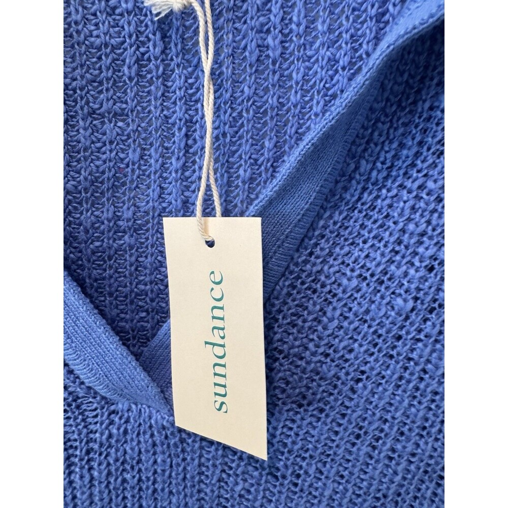 SUNDANCE Open Knit Sweater XL Blue 100% Cotton Pullover V-Neck Lagenlook NEW - Picture 4 of 7
